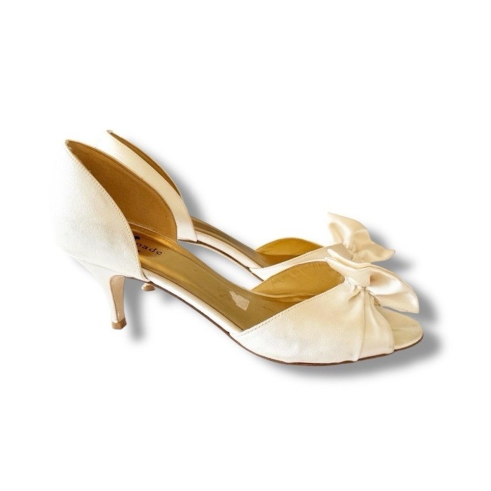 Kate Spade Shoes Women's Size 8B Ivory Satin Evie Heels Bow Bridal Wedding Italy